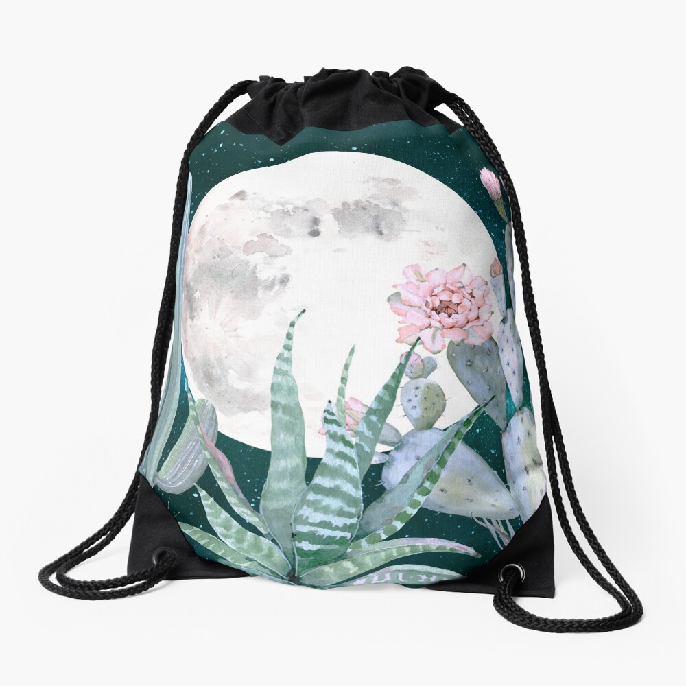 Cactus Nights Pretty Pink and Blue Desert Stars Cacti Illustration Drawstring Bag