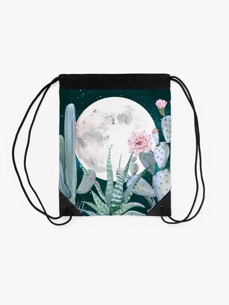 Alternate view of Cactus Nights Pretty Pink and Blue Desert Stars Cacti Illustration Drawstring Bag