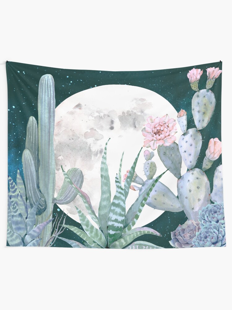 Alternate view of Cactus Nights Pretty Pink and Blue Desert Stars Cacti Illustration Wall Tapestry