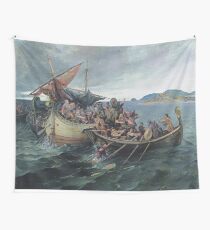 Vintage Viking Naval Battle Artwork Wall Tapestry