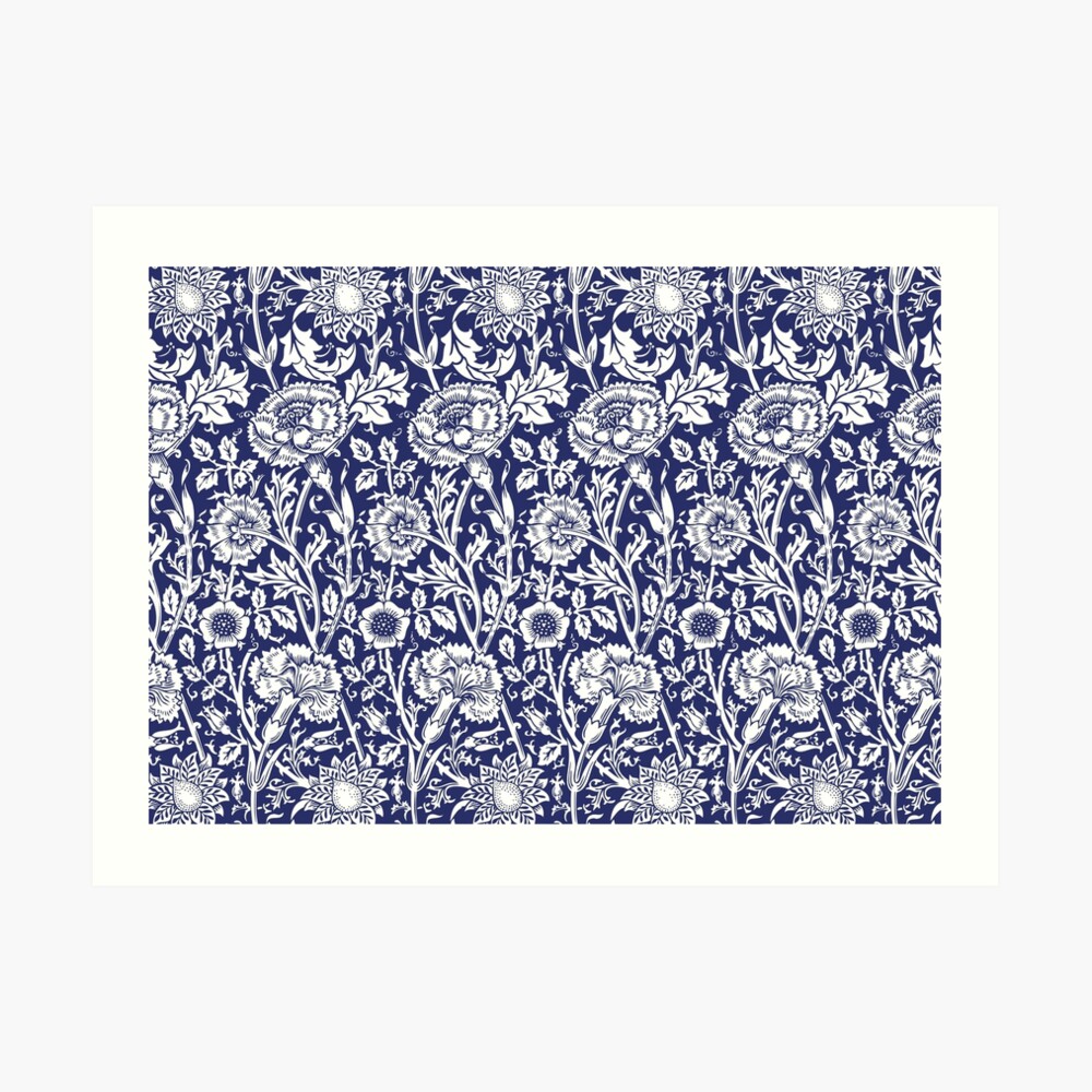 William Morris Carnations | Navy Blue and White Floral Pattern | Flower Patterns | Vintage Patterns | Classic Patterns | Art Print