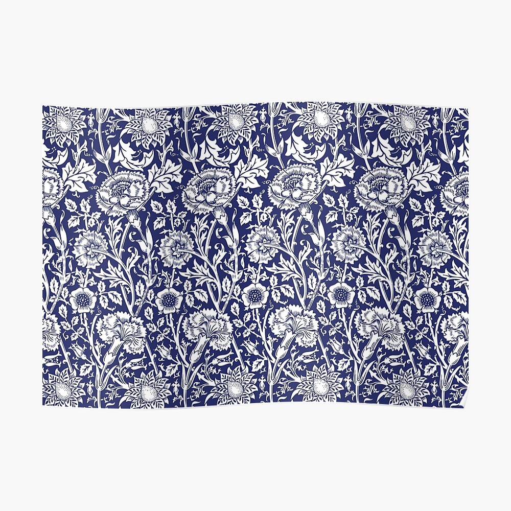 William Morris Carnations | Navy Blue and White Floral Pattern | Flower Patterns | Vintage Patterns | Classic Patterns | Poster