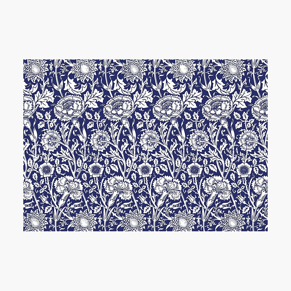 William Morris Carnations | Navy Blue and White Floral Pattern | Flower Patterns | Vintage Patterns | Classic Patterns | Photographic Print