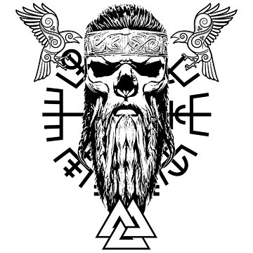 Viking skull with beard, Odin knot and Vegvisir, Odin's ravens Hugin and  Munin Photographic Print by ProdbyNiECO