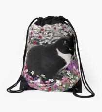 Freckles in Flowers II - Tuxedo Cat Drawstring Bag