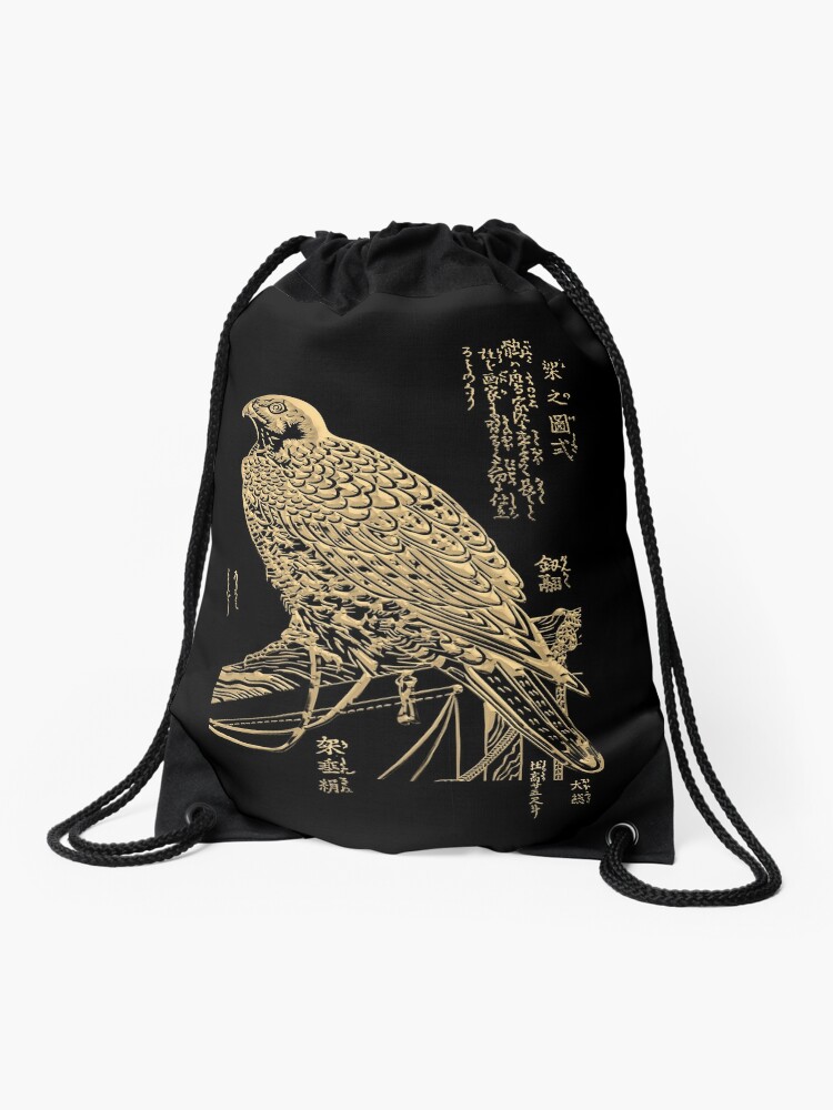 Golden Japanese Peregrine Falcon On Black Canvas Drawstring Bag