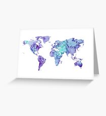 World Map: purple and green watercolor design Greeting Card