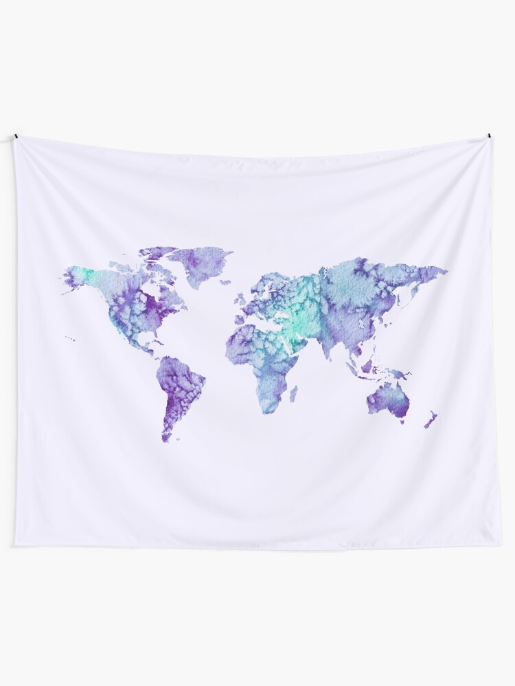 Alternate view of World Map: purple and green watercolor design Wall Tapestry