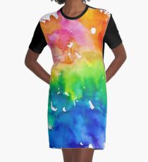 Rainbow Watercolor Paint Splash Art Graphic T-Shirt Dress