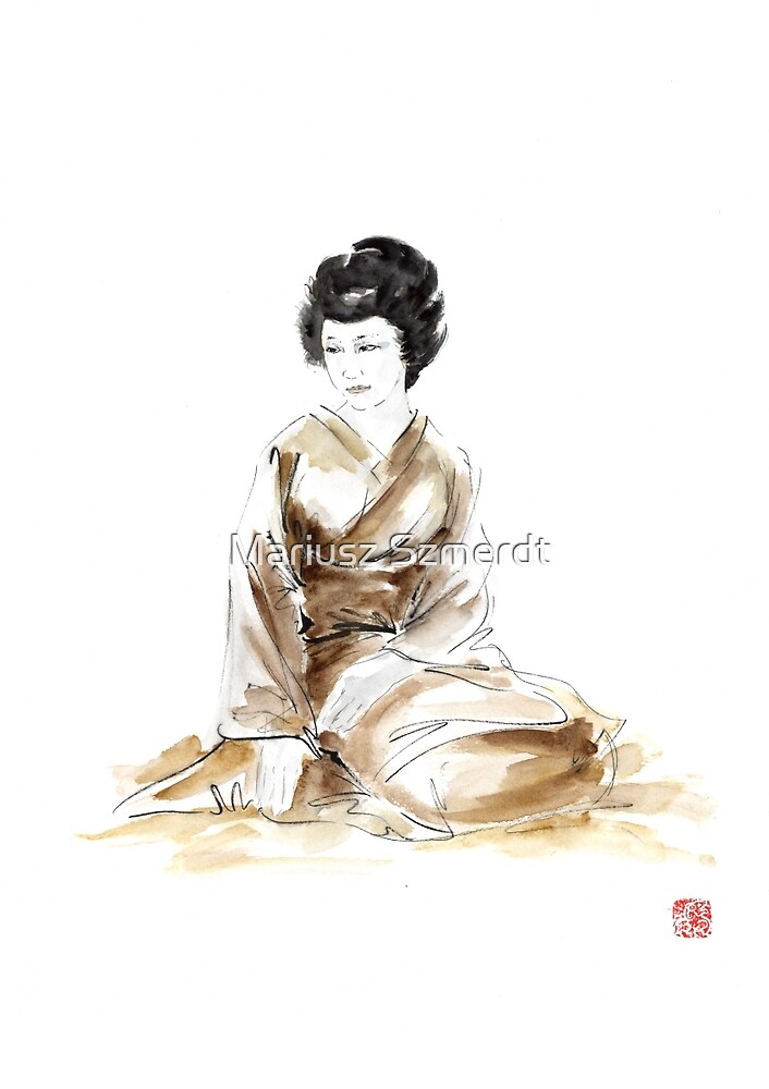 "Geisha ink painting, geisha kimono japan art print women wedding gift