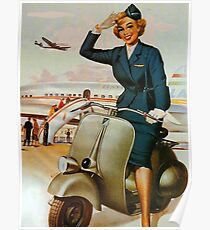 Young stewardess greeting us on small motorcycle, airline vintage poster Poster