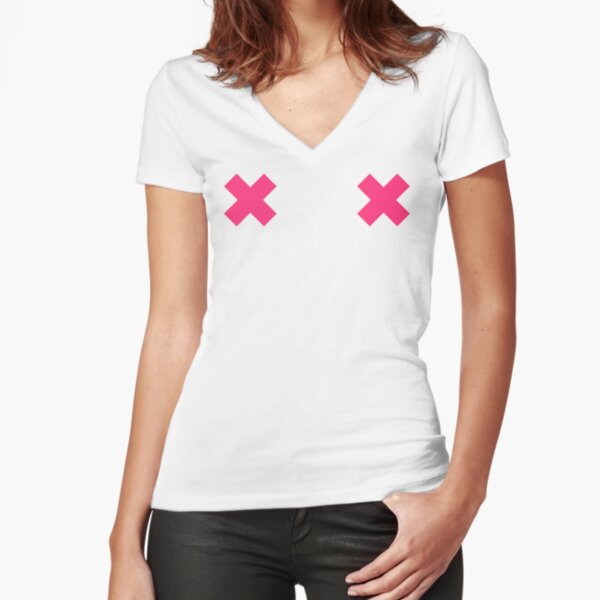 Tee shirt croix roses sur les seins T-shirt moulant col V