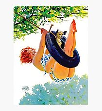 Pin up big redhead woman swing on big tire, with her dog Photographic Print
