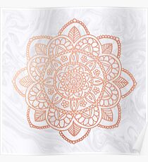 Rose Gold Mandala on White Marble Poster