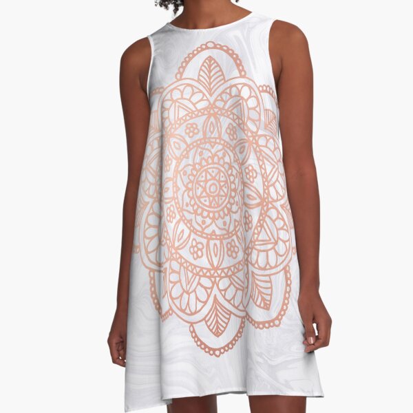 Rose Gold Mandala on White Marble A-Line Dress