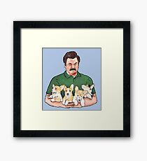Ron Swanson Holding Corgi Puppies Framed Print