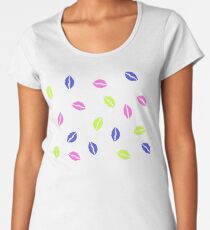 80er Jahre Neon Pink Kuss Pop Art Liebe Romantik Leidenschaft Lippen in gelb grün blau Frauen Premium T-Shirts