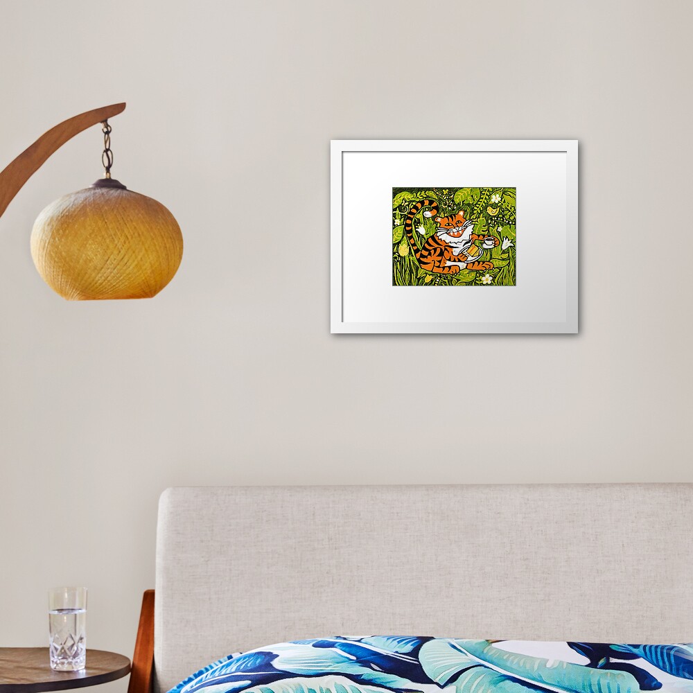 Tiger tea time - Original Linocut by Francesca Whetnall Framed Art Print