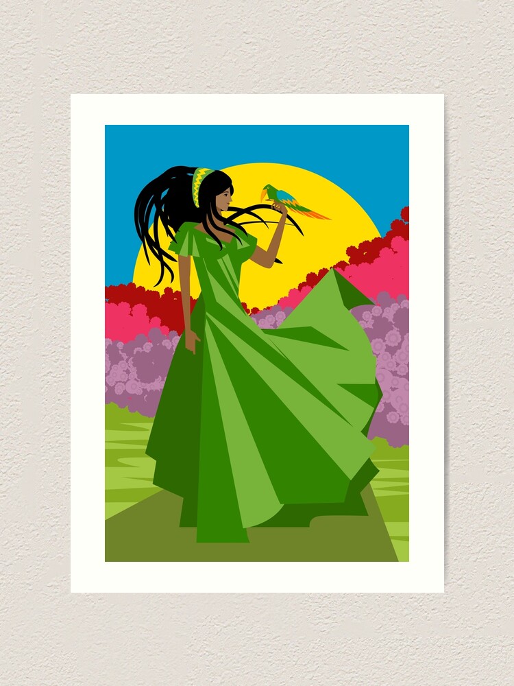 African Rasta Dreadlocks Girl With Parrot Bird Macaw And Long Dress Art Print