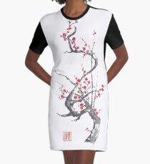 Chinese plum tree blossom sumi-e painting Graphic T-Shirt Dress
