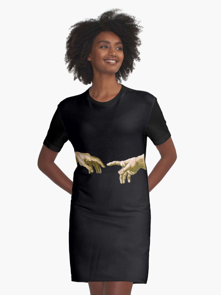 Touch Of God The Creation Of Adam Close Up Michelangelo 1510 Genesis Ceiling Sistine Chapel Rome On Black Graphic T Shirt Dress By Tom