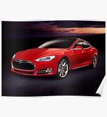Tesla Model S rot Luxus Elektroauto Kunst Kunstdruck im Freien Poster