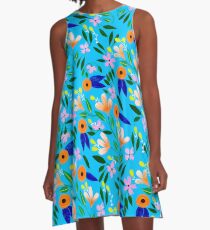 Flowers on blue A-Line Dress