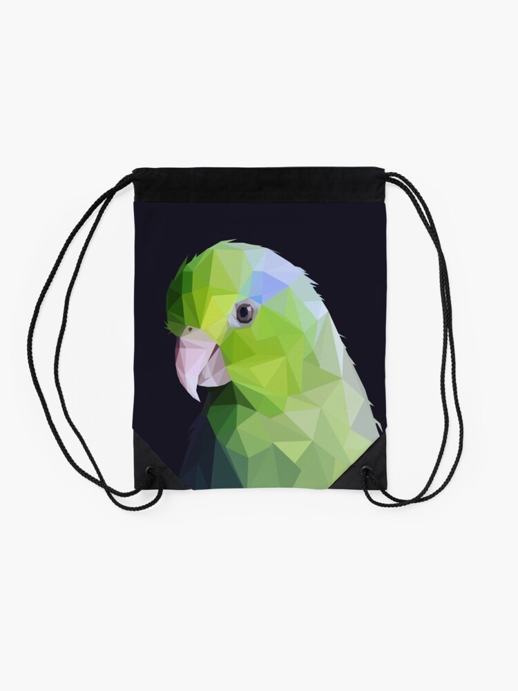 Alternate view of Lowpoly Green Parrolet (Dark Background) Drawstring Bag