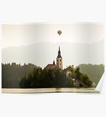 Hot air Balloon over Lake Bled and the Island church Poster
