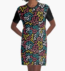 Memphis dark pattern. Trendy geometric shapes 80s, 90s style. Graphic T-Shirt Dress