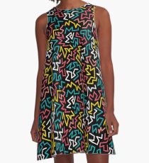 Memphis dark pattern. Trendy geometric shapes 80s, 90s style. A-Line Dress