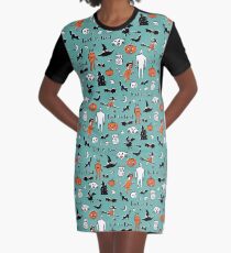 Retro Trick or Treat - Turquoise - Halloween pattern by Cecca Designs Graphic T-Shirt Dress