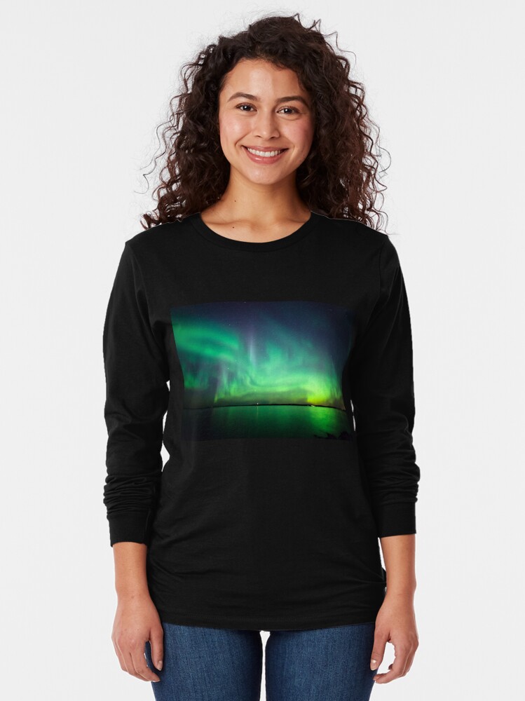 Alternate view of Northern lights over lake Long Sleeve T-Shirt