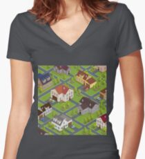 Isometric Cityscape. Isometric Buildings. Isometric Houses. Isometric Cottages. Isometric City. Modern Houses. Isometric Cars. Women's Fitted V-Neck T-Shirt