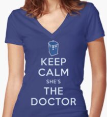 Keep Calm She's The Doctor Women's Fitted V-Neck T-Shirt