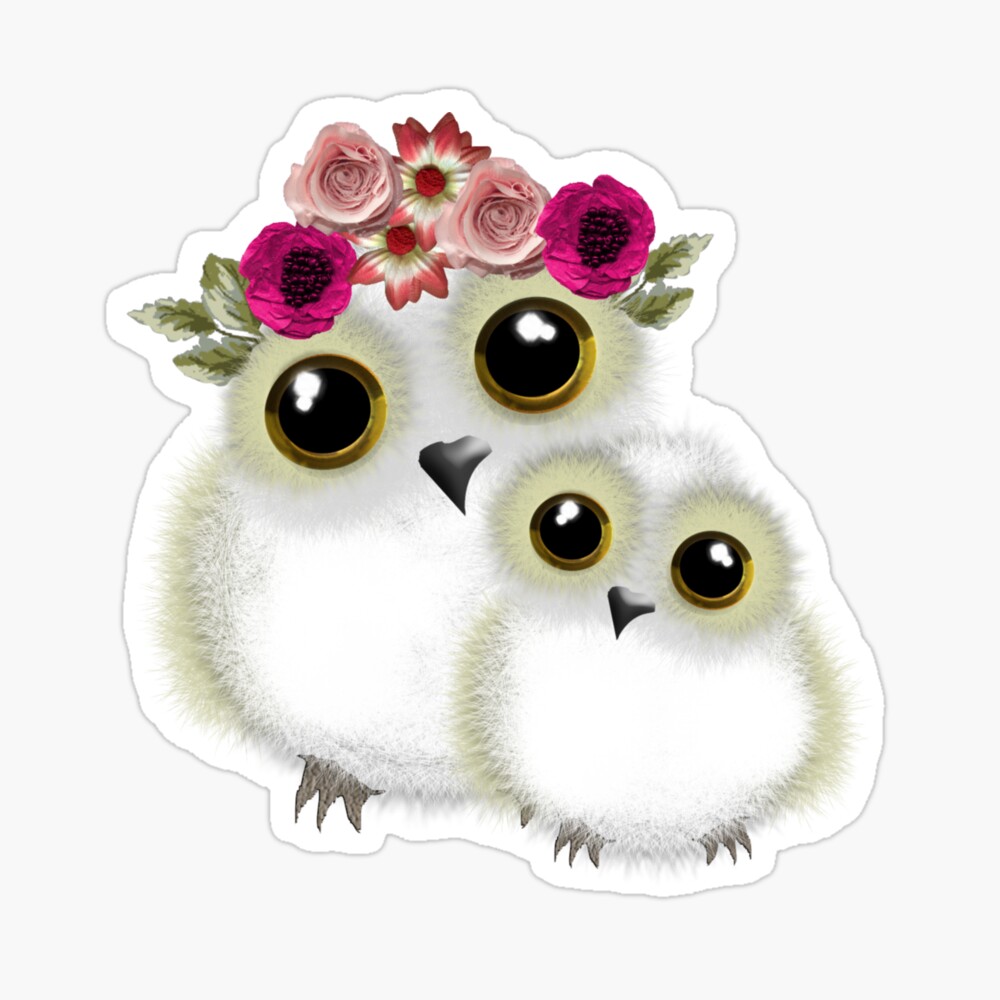 Cute Whimsical Fluffy Mother Baby Snowy Owls Sticker By