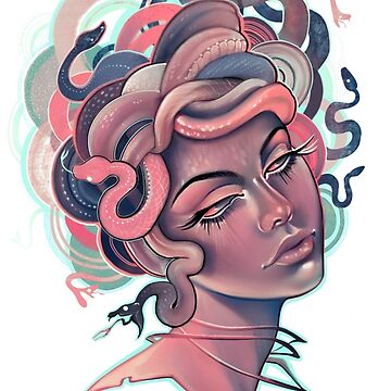 Coral and blue Medusa portrait Sticker for Sale by saraknid