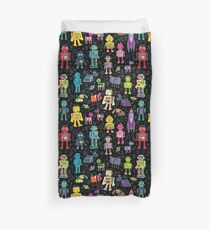 Robots in Space - black - fun pattern by Cecca Designs Duvet Cover