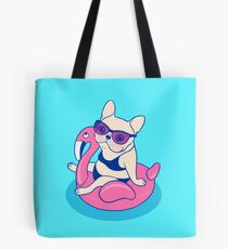 Frenchie enjoys Summer on Flamingo Pool Float in swimming pool Tote Bag