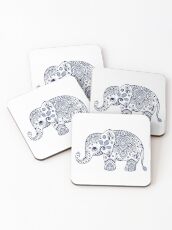 Blue Floral Elephant Illustration Coasters
