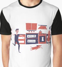 Girl prepares food in the kitchen. Dog stole the sausages. Guy catches a pet with broom. Scene from family life Graphic T-Shirt