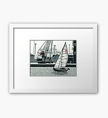Poole Quay - Original linocut by Francesca Whetnall Framed Print