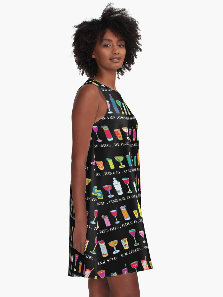 Alternate view of Line em Up! - Prohibition Cocktails pattern on black by Cecca Designs A-Line Dress