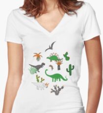 Dinosaur Desert - green and orange on grey - fun pattern by Cecca Designs Women's Fitted V-Neck T-Shirt