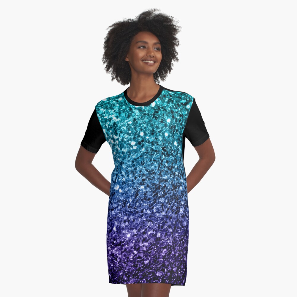 Beautiful Aqua blue Ombre glitter sparkles Graphic T-Shirt Dress