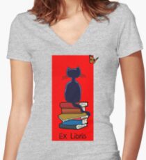 Ex Libris - Cat and Butterfly Women's Fitted V-Neck T-Shirt