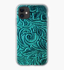 Turquoise Embossed Tooled Leather Floral Scrollwork Design iPhone Case