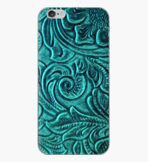 Vinilo o funda para iPhone Diseño de volutas de cuero en relieve de color turquesa en relieve Tooled