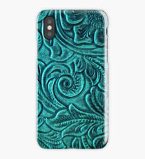 Turquoise Embossed Tooled Leather Floral Scrollwork Design iPhone Case