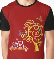 Two love cats and tree with hearts Graphic T-Shirt